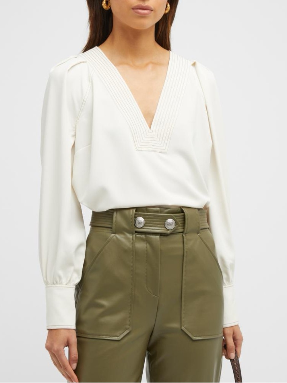 VERONICA BEARD Osler Pleated V-Neck Top Ivory Cream 6 EUC